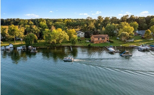 property view of water with a boat dock and a forest view