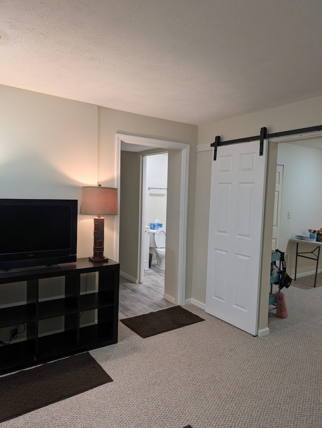 interior space with a barn door, baseboards, a textured ceiling, and light colored carpet