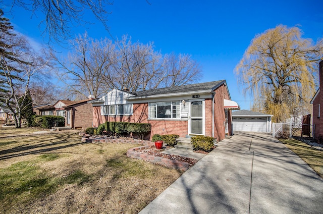 view of front of house featuring a garage, brick siding, an outdoor structure, fence, and a front yard