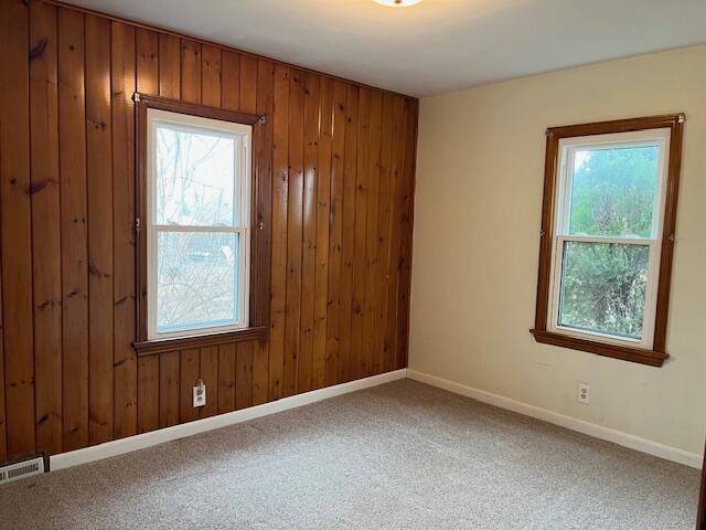 unfurnished room featuring wood walls, carpet flooring, and baseboards