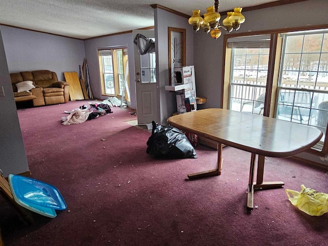 dining room featuring a chandelier, a textured ceiling, carpet flooring, and crown molding