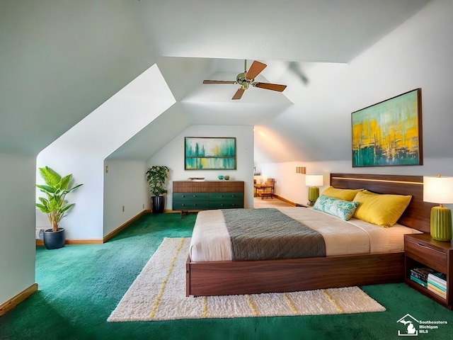 carpeted bedroom with baseboards, vaulted ceiling, and a ceiling fan