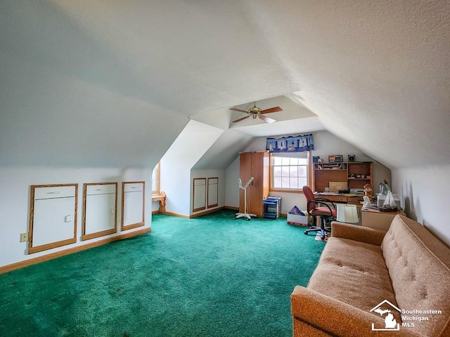 bonus room with baseboards, vaulted ceiling, a textured ceiling, and carpet flooring