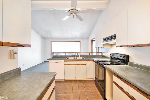 kitchen with dishwasher, ceiling fan, black electric range, under cabinet range hood, and a sink