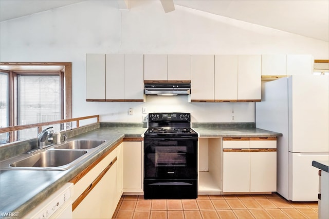 kitchen featuring range hood, white appliances, light tile patterned flooring, and a sink