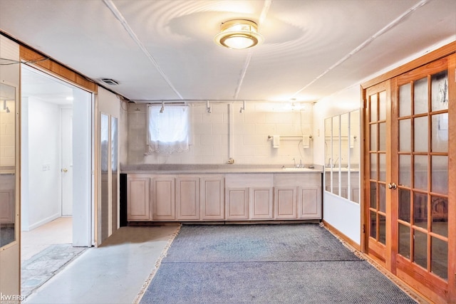 basement featuring concrete block wall, visible vents, and a sink