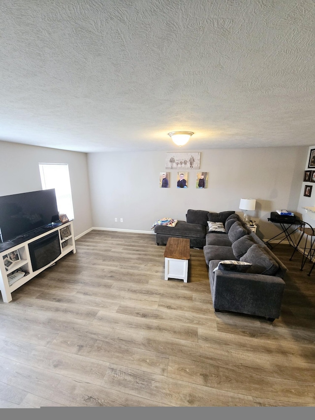 living area featuring a textured ceiling, baseboards, and wood finished floors