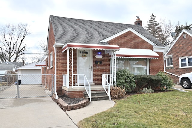 bungalow-style home with brick siding, roof with shingles, a gate, a chimney, and a front yard