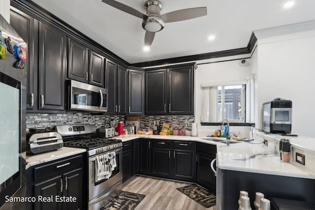 kitchen featuring appliances with stainless steel finishes, backsplash, a sink, and dark cabinets