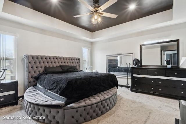 carpeted bedroom featuring a raised ceiling