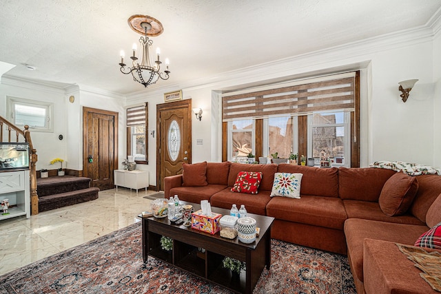 living room featuring stairs, marble finish floor, a chandelier, and crown molding