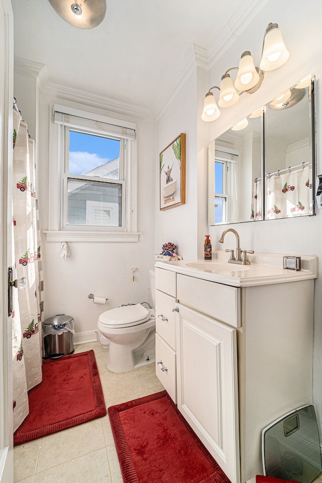 full bath with baseboards, toilet, tile patterned floors, crown molding, and vanity