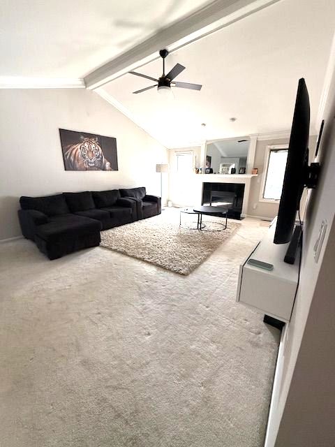 carpeted living area with vaulted ceiling with beams, a fireplace, and a ceiling fan