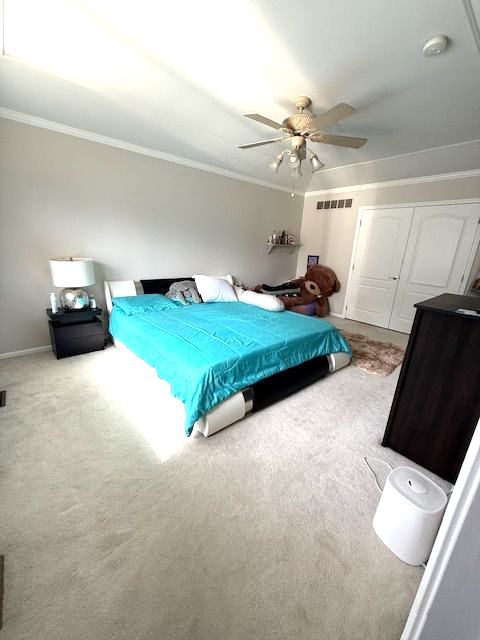 carpeted bedroom with baseboards, ceiling fan, visible vents, and crown molding