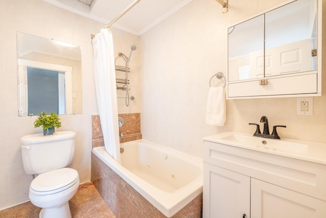 bathroom featuring tiled shower / bath combo, crown molding, toilet, and tile walls