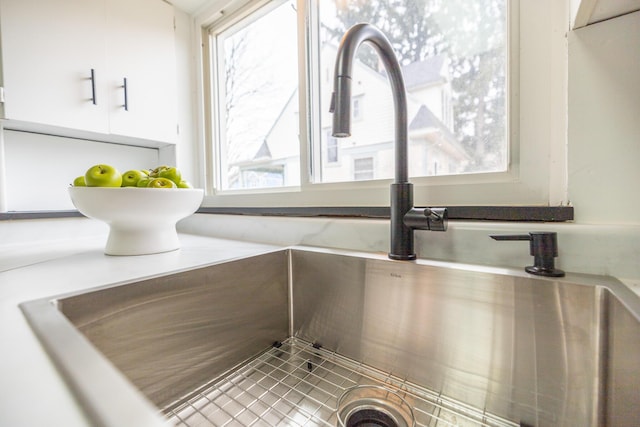 details featuring light countertops, a sink, and white cabinetry