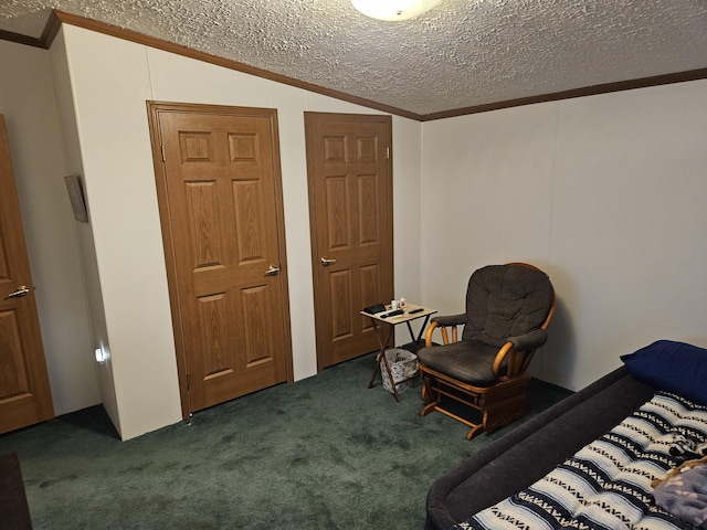 carpeted bedroom with vaulted ceiling, a textured ceiling, and crown molding