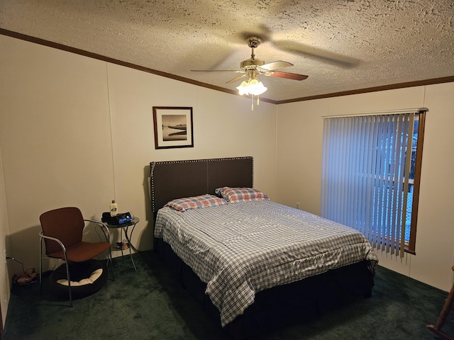 carpeted bedroom with vaulted ceiling, crown molding, and a textured ceiling