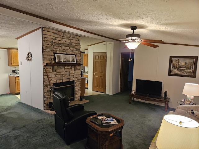 living room featuring ornamental molding, light colored carpet, a fireplace, and a textured ceiling