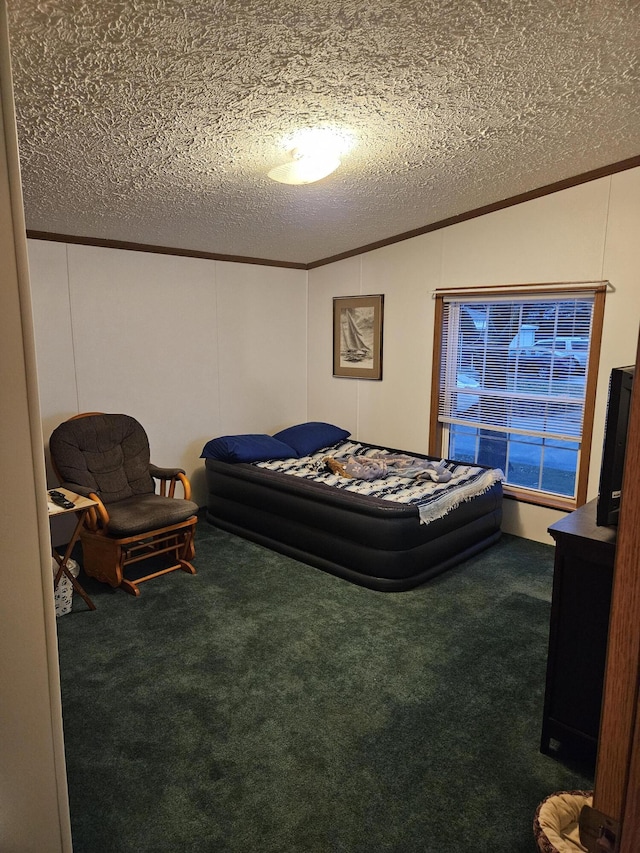 carpeted bedroom featuring vaulted ceiling, a textured ceiling, and crown molding