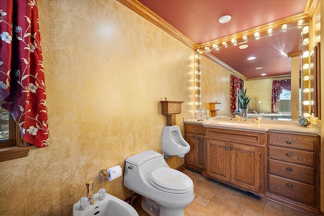 bathroom with toilet, a bidet, vanity, and crown molding