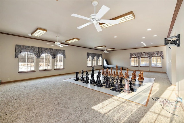 carpeted dining area featuring ornamental molding, recessed lighting, and baseboards