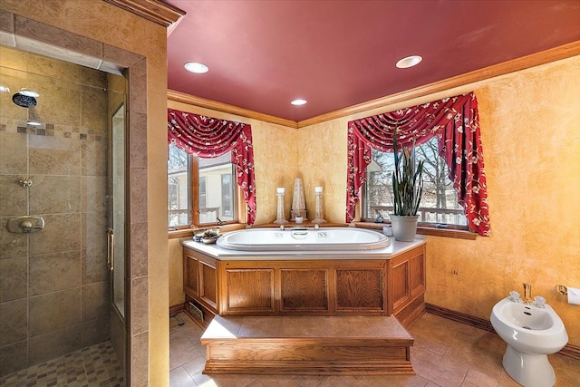 full bath featuring ornamental molding, a bidet, a shower stall, and a bath