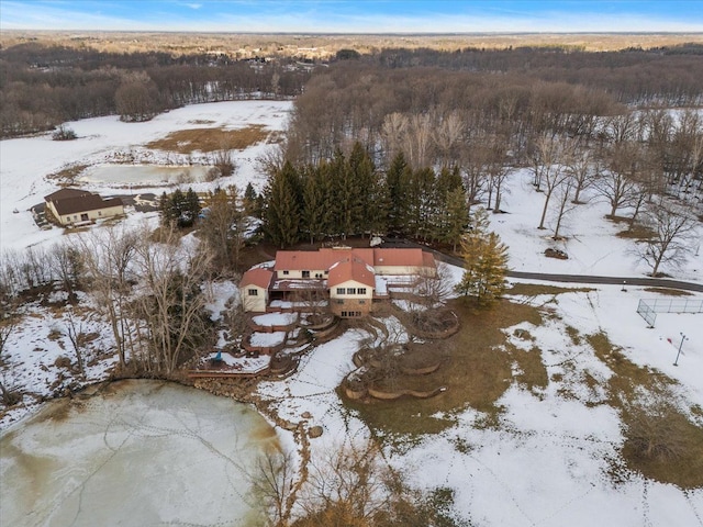 snowy aerial view featuring a view of trees