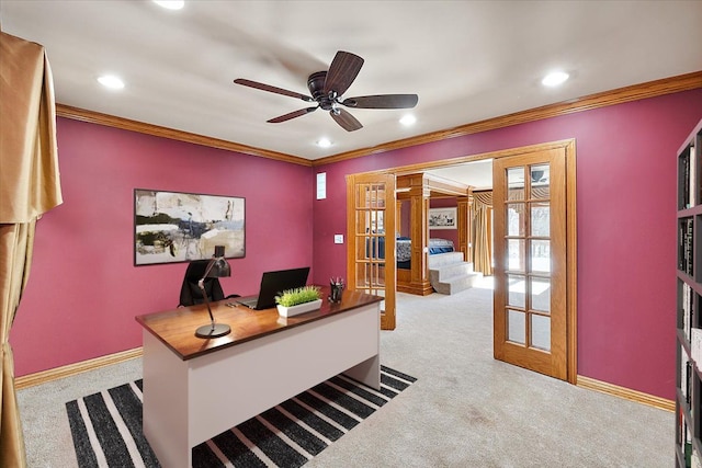 carpeted office with ornamental molding, recessed lighting, french doors, and baseboards