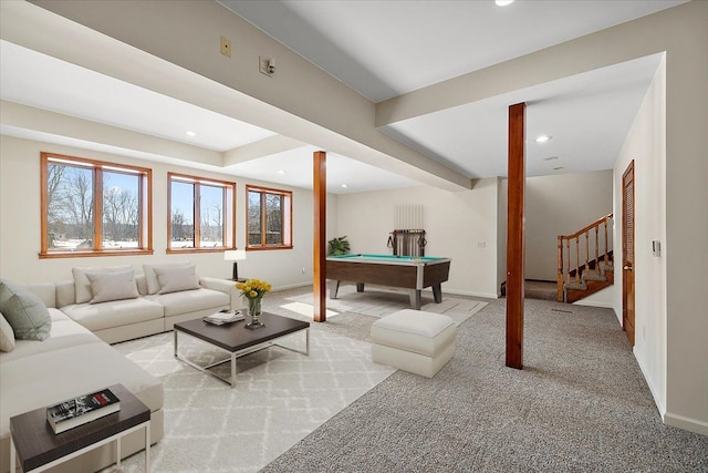 living room with light carpet, stairs, baseboards, and recessed lighting