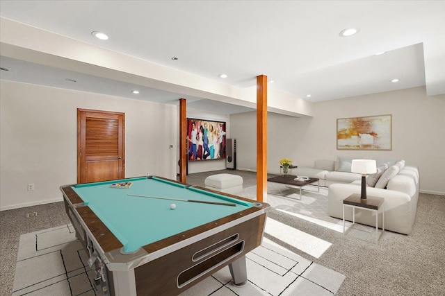 playroom with carpet floors, recessed lighting, pool table, and baseboards