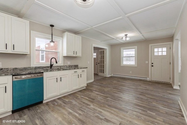 kitchen with coffered ceiling, dishwashing machine, wood finished floors, a baseboard heating unit, and a sink