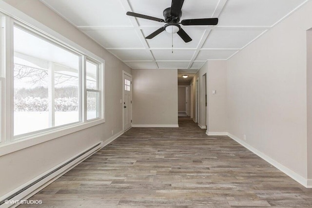 unfurnished room with baseboards, coffered ceiling, ceiling fan, wood finished floors, and baseboard heating