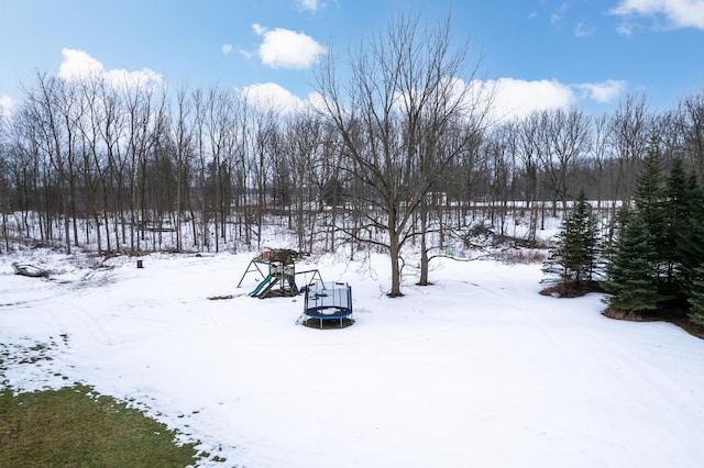 yard covered in snow with a trampoline and a playground