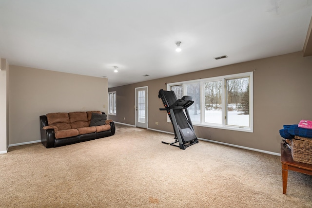 workout room with carpet floors, a healthy amount of sunlight, and visible vents