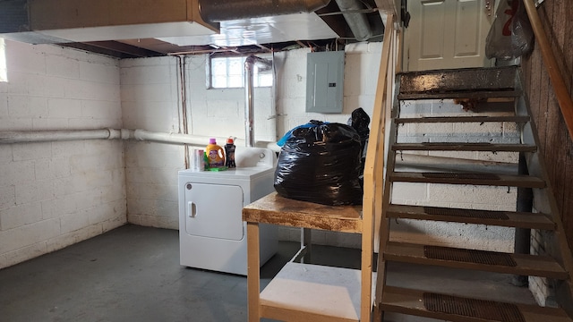 basement with washer / clothes dryer and electric panel