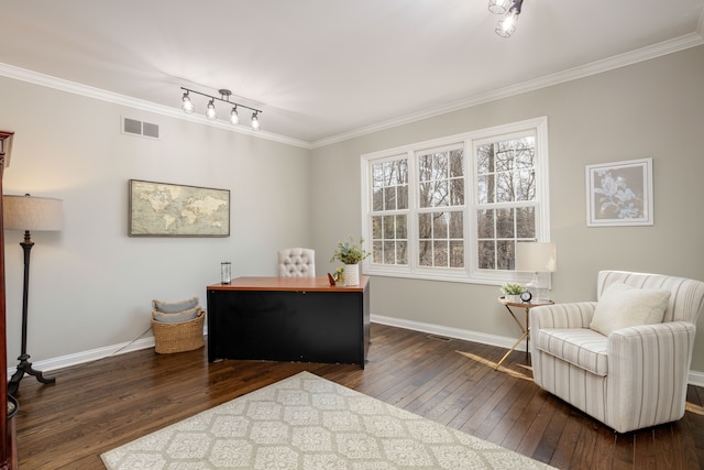 home office featuring crown molding, dark wood-style floors, visible vents, and baseboards