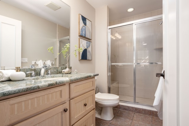 bathroom featuring visible vents, a shower stall, toilet, recessed lighting, and vanity