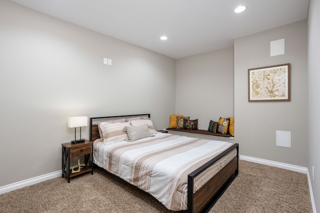 carpeted bedroom with recessed lighting and baseboards