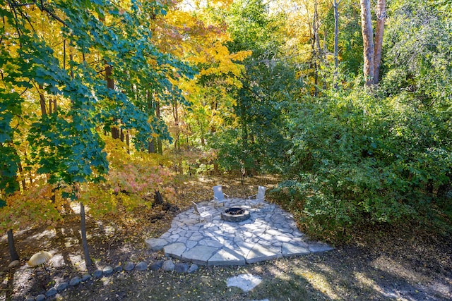 view of yard featuring a patio, a fire pit, and a wooded view