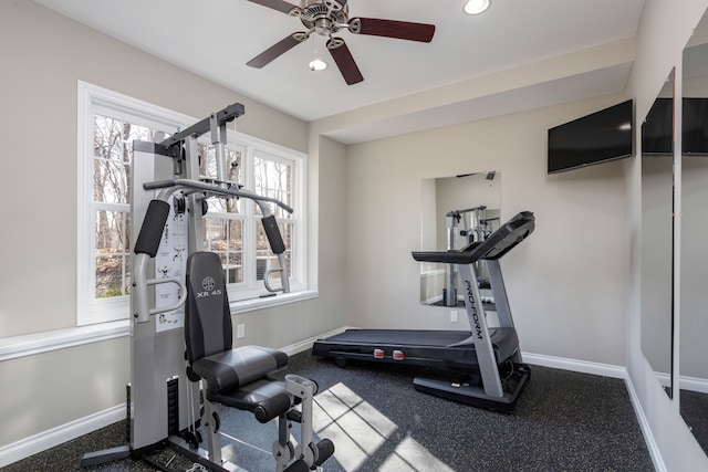 exercise room featuring recessed lighting, baseboards, and ceiling fan