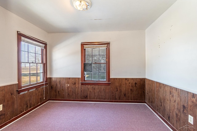 empty room featuring a wainscoted wall, wooden walls, and carpet flooring