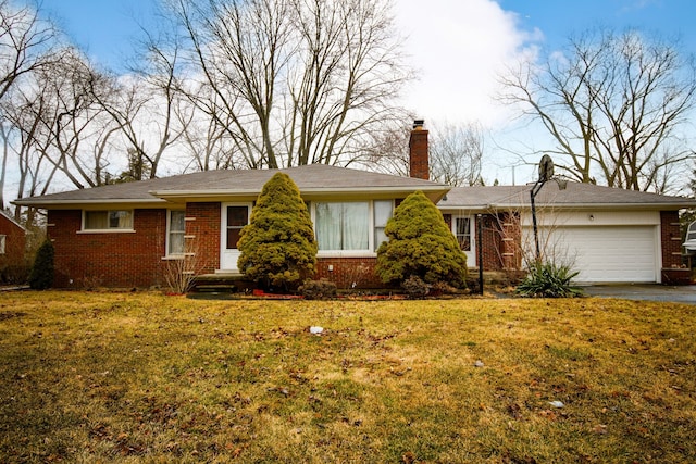 single story home with driveway, brick siding, a chimney, an attached garage, and a front yard