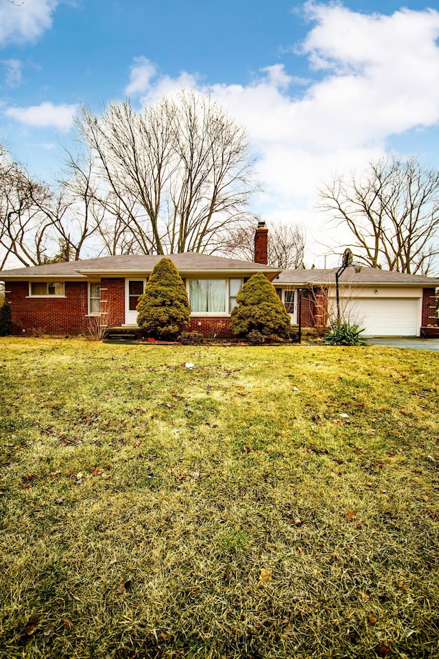 ranch-style house with a garage, brick siding, a chimney, and a front yard