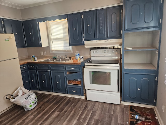 kitchen featuring dark wood-style flooring, ornamental molding, a sink, white appliances, and under cabinet range hood