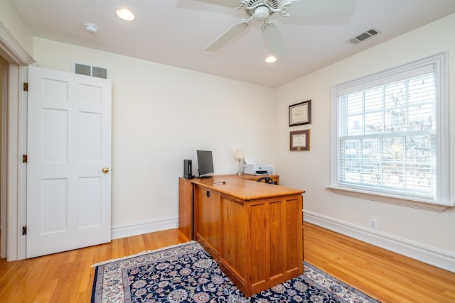 office area with visible vents, ceiling fan, light wood-style flooring, and baseboards