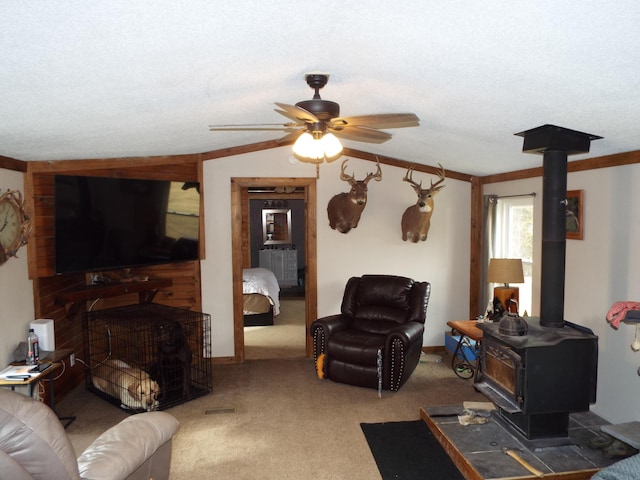 living area featuring a textured ceiling, carpet, a wood stove, and a ceiling fan