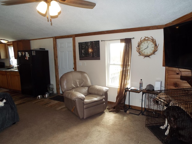 living area with a textured ceiling, ceiling fan, and baseboards