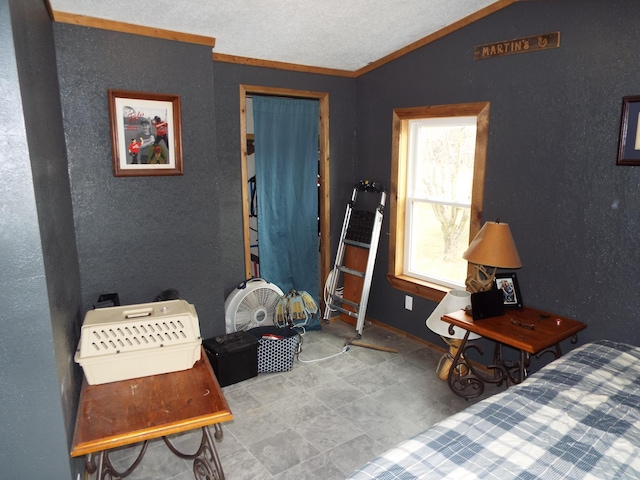 bedroom with lofted ceiling, crown molding, a textured ceiling, and a textured wall