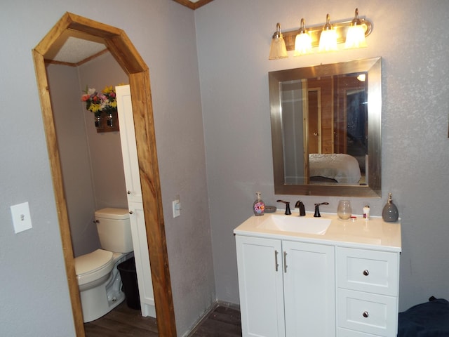 bathroom with toilet, wood finished floors, vanity, and ensuite bathroom